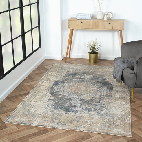 4' X 6' Beige and Gray Medallion Area Rug